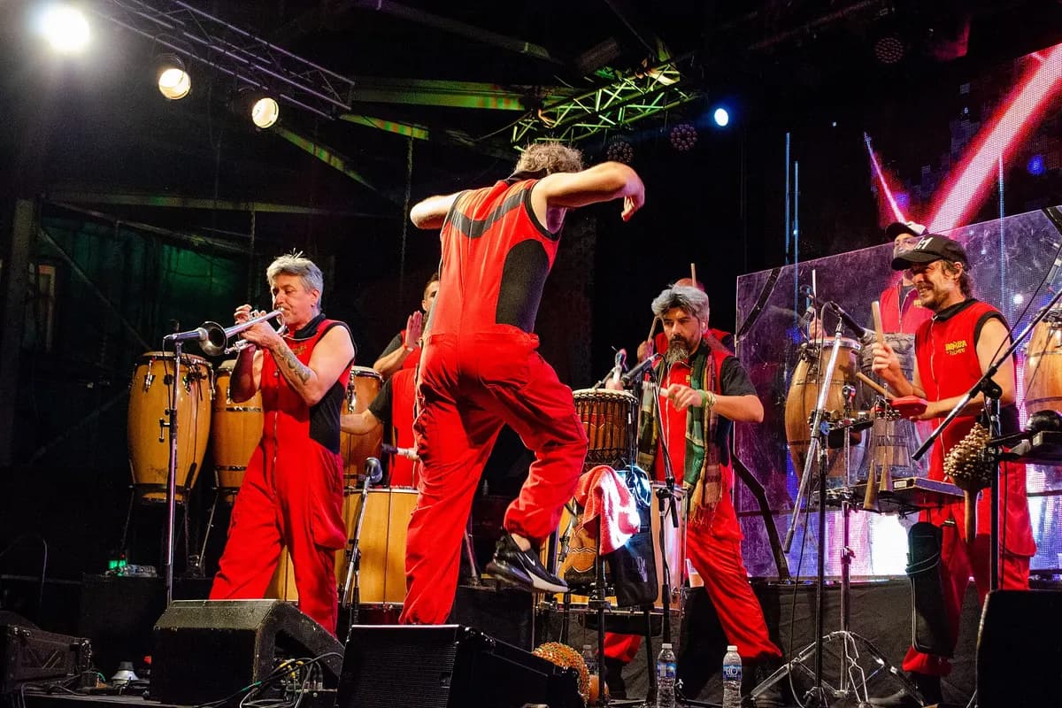La Bomba de Tiempo drumming on stage at Ciudad Cultural Konex