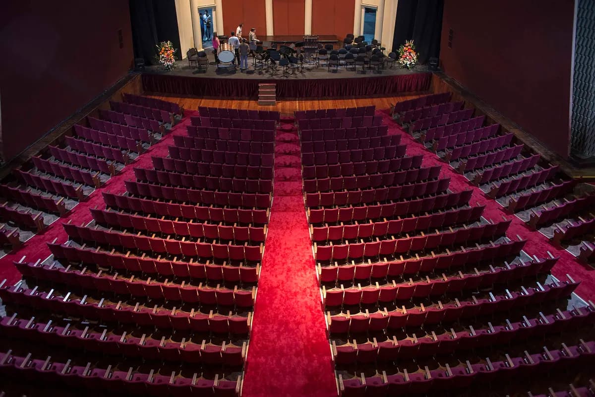 Red velvet stalls of the Teatro Coliseo, seen from the balcony