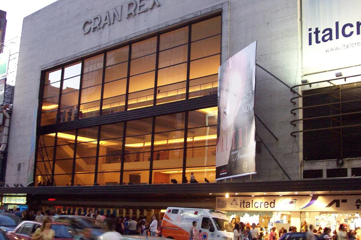 The glass front of the Teatro Gran Rex on Avenida Corrientes at dusk