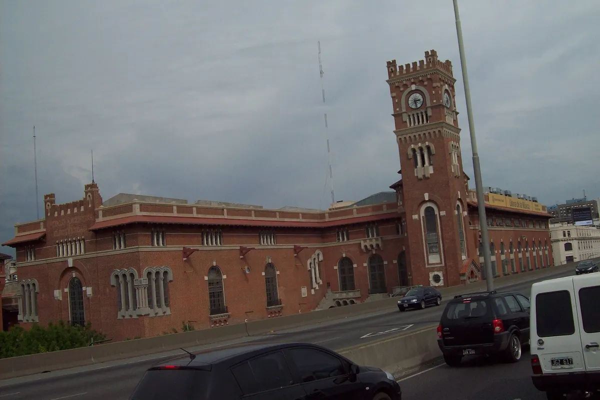 The brick clock tower of the Usina del Arte in La Boca