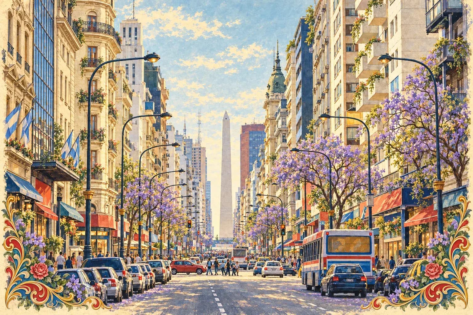 Illustration of Avenida 9 de Julio in Buenos Aires looking toward the Obelisco: jacarandas in purple bloom along the avenue, buses and cars, balconies and shopfronts on both sides, with an ornamental border.